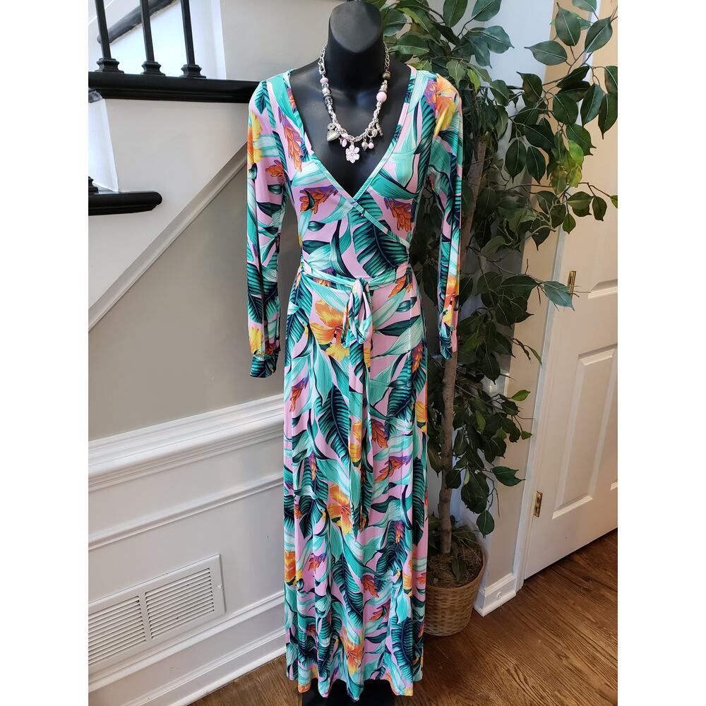 GOODTIME USA Long Maxi Dress Womens Small Multi Tropical Print Drawstring Waist